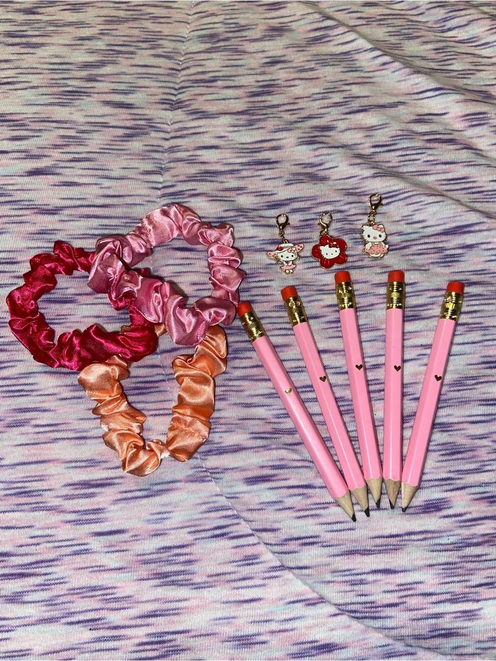 Hello Kitty Satin Scrunchie & Pink Pencil Charm Set with Peach Accent